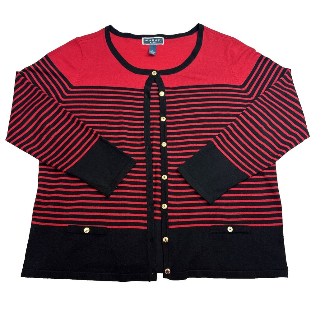 Karen Scott Woman Size 2XL Red and Black Striped Cardigan Sweater 2XL